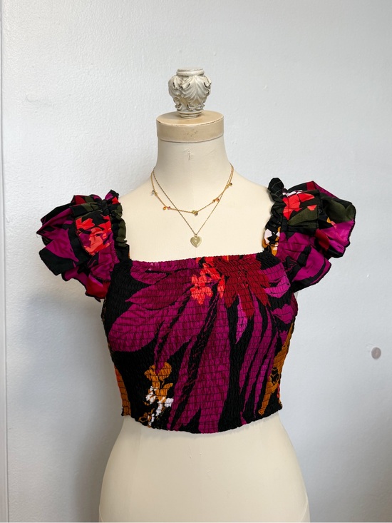 Truly 4 You Tops - Purple Floral Smocked Puff-Sleeve Crop Top